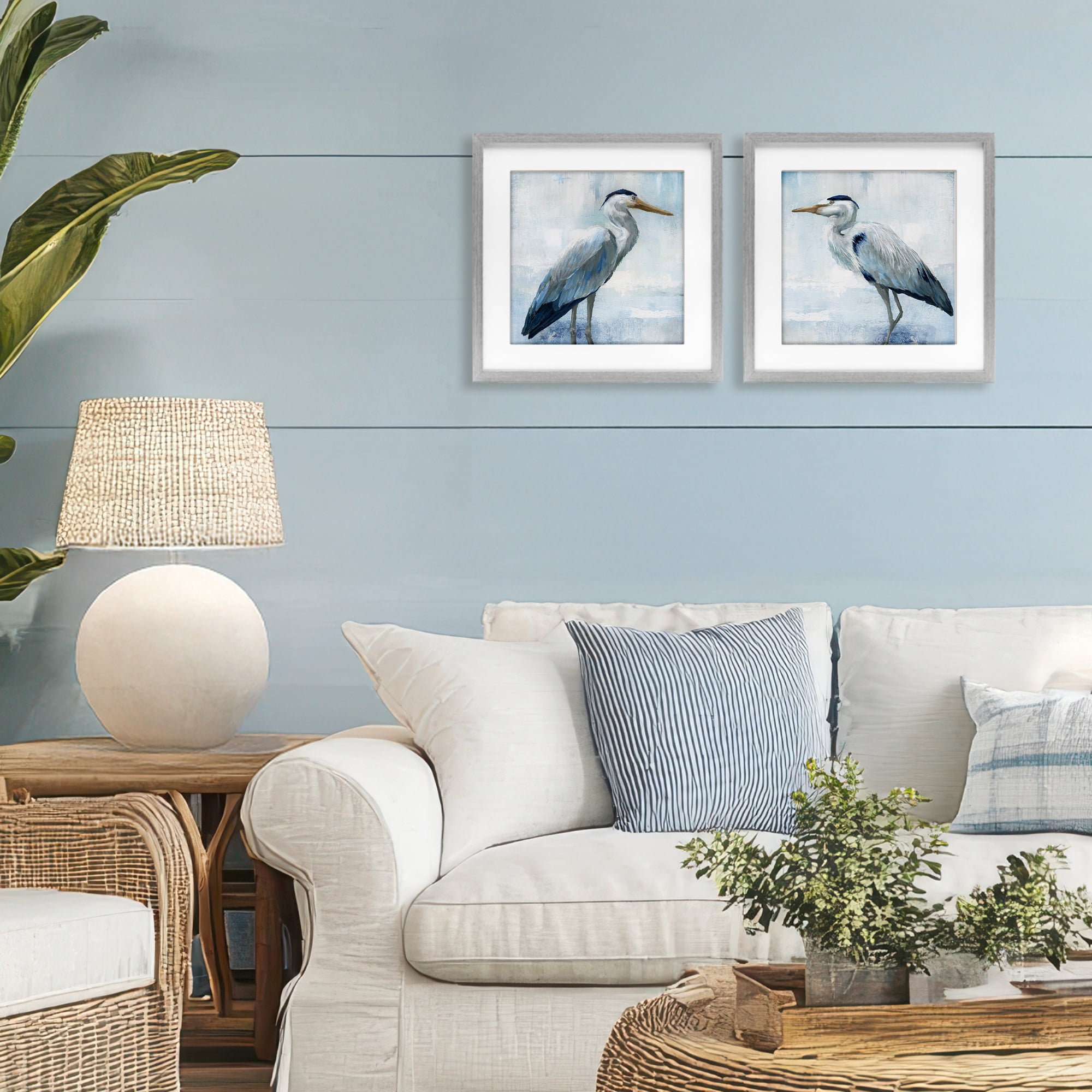 Stupell Industries Faded Blue Coastal Herons 2 Piece Gray Framed Print Under Glass Set, design by Nan