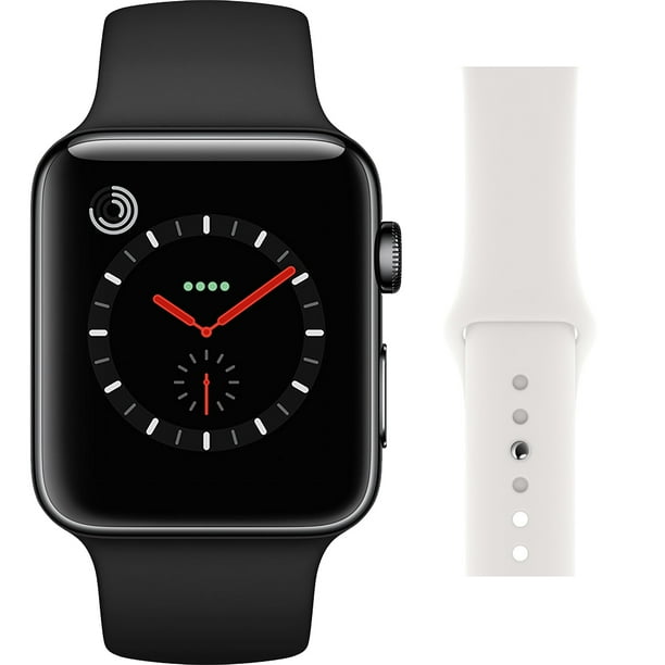 Apple Watch Series 3 42mm Smartwatch (GPS + Cellular, Space Black Stainless Steel Case, Black Sport Band + White Sport Band) (Non-Retail Packaging)