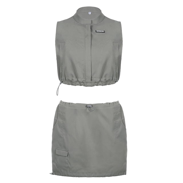Kmbangi Ensembles d'Été 2 Pcs pour Femmes, Débardeurs Sans Manches à Fermeture Éclair et Ensemble Jupe Cargo Mini pour Fête Décontractée de Rue