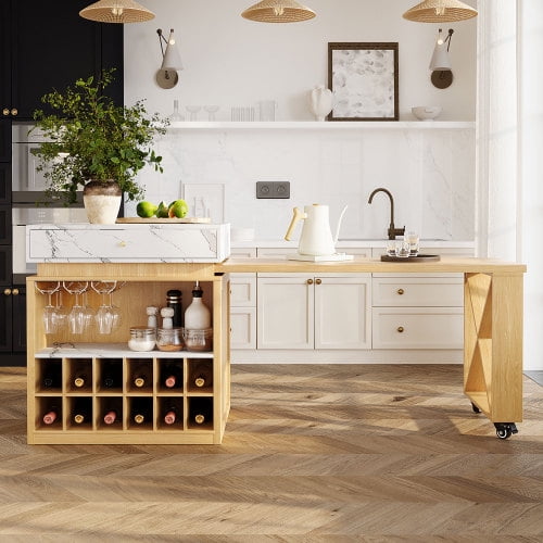 U_Style-CA Modern Imitation Marble Counter Height Dining Table for 4, Extendable Kitchen Island Cart with Wheels, Farmhouse Bar Table with Adjustable Shelf, for Kitchen & Home Bar(Chairs Not Included)