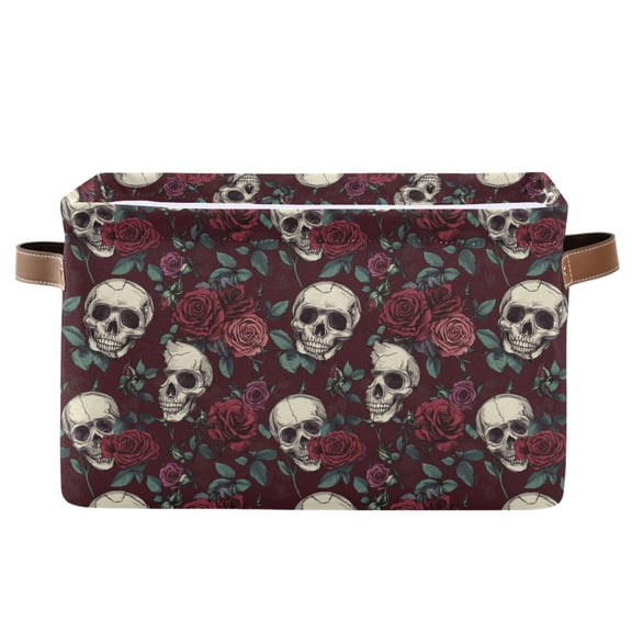 WOBOGO Bad Joke Skulls Red Rose Square Storage Basket with Waterproof Canvas and PE Lining Durable PU Leather Handles 14.2×10.2×8.3in