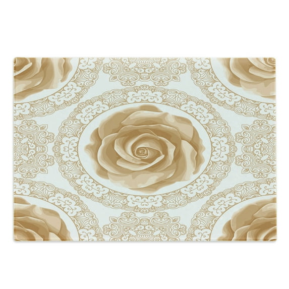 Floral Cutting Board, Rose Florets with Classic Graphic Lace Feminine Retro Oriental Motif, Decorative Tempered Glass Cutting and Serving Board, Large Size, Sand Brown White, by Ambesonne