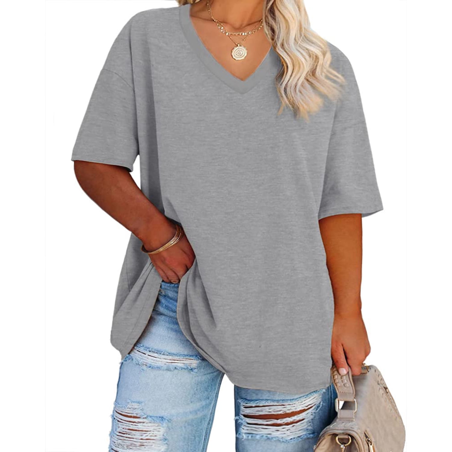 Ptaesos Women's Plus Size V Neck T Shirts Summer Half Sleeve Oversized ...