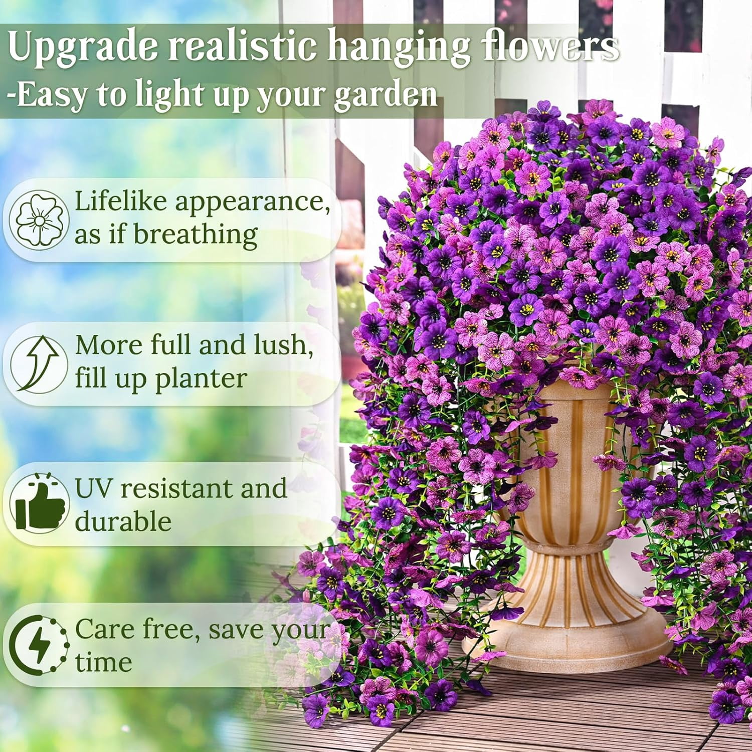 Waipfaru Artificial Hanging Flowers for Outdoors Spring Summer Decoration,4 Pcs UV Resistant Faux Silk Violet Fake Flowers for Garden Porch Window Home Decor