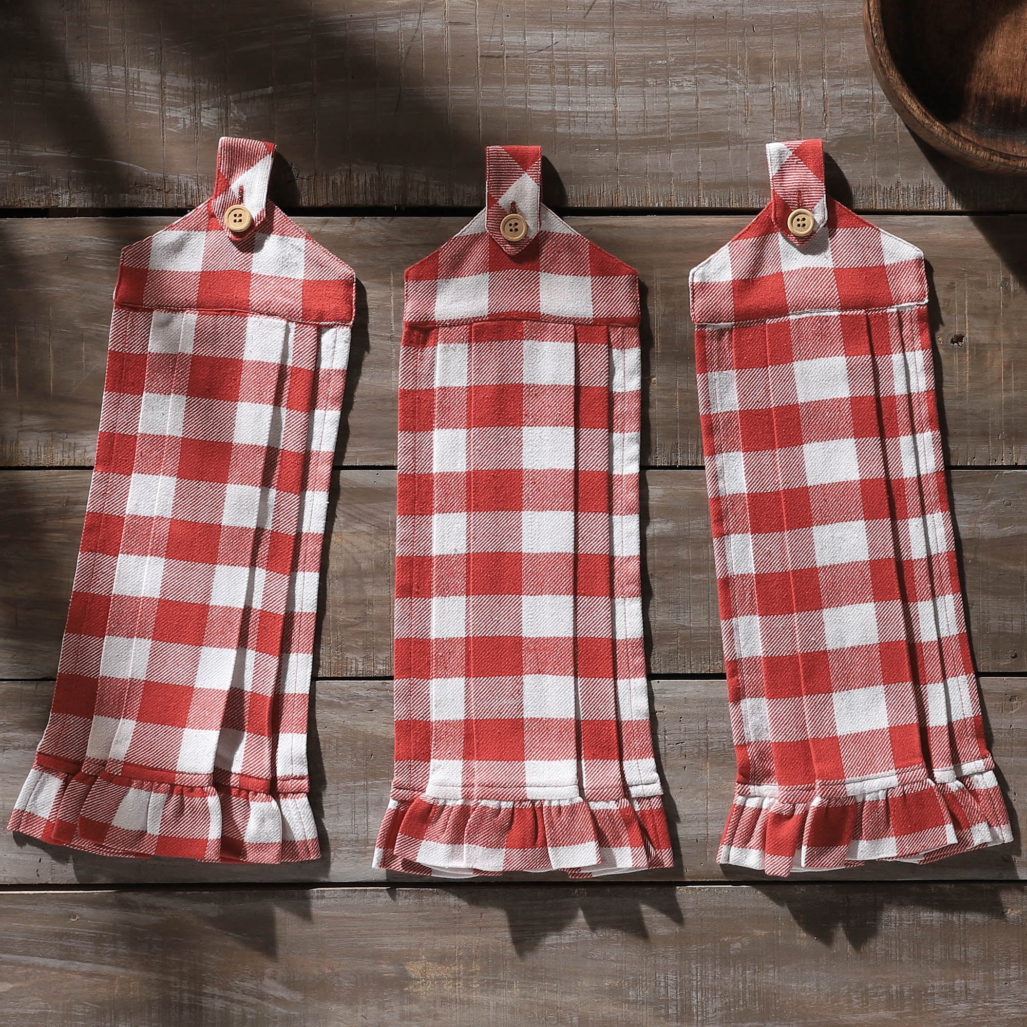 VHC Brands Cotton Annie Buffalo Check Red Button Loop Kitchen Towel Set of 3, Hanging Kitchen Towel, Pleated, Bath, Kitchen, Annie Buffalo Check Collection, Rectangle 21x7, Country Red