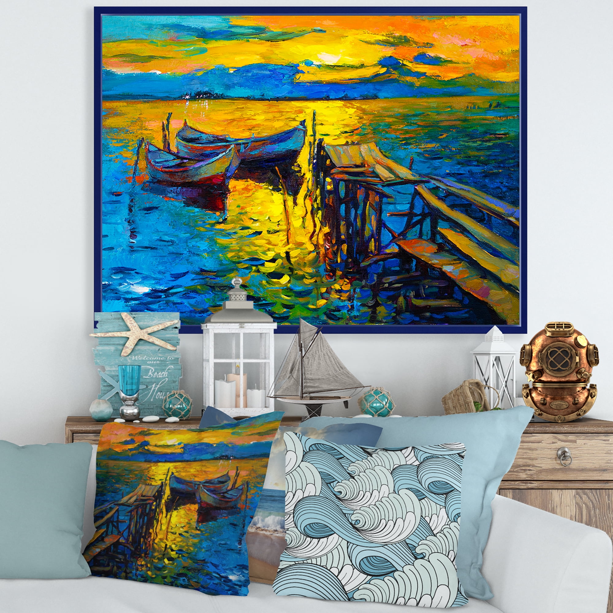 Designart 'Boat At The Lake During Evening Glow II' Nautical & Coastal Framed Canvas Wall Art Print