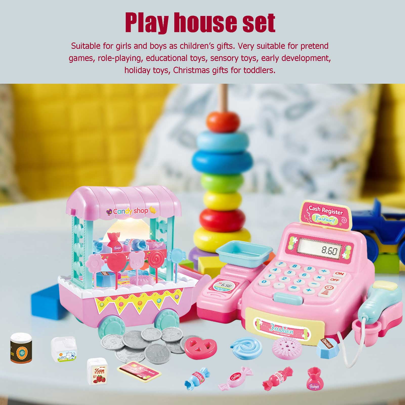 Supermarket Till Kids Cash Register Toy Gift Set Child Girl Shop Role Play Pink 