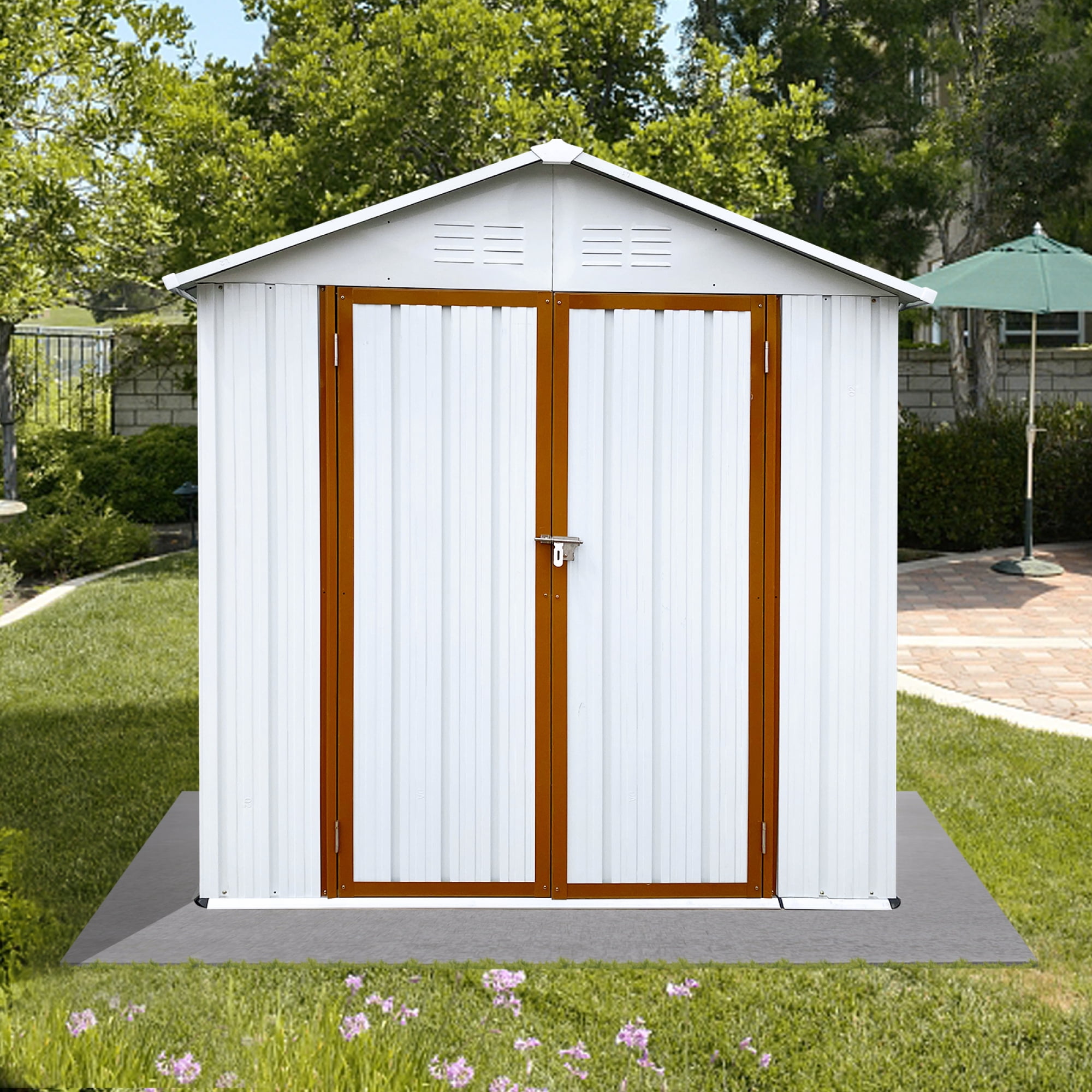 Outdoor Storage Garden Sheds 6FTx4FT Apex Roof Lockable Doors for Backyard White+Yellow