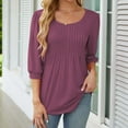 thumbnail image 2 of Diufon Womens Fall Blouses Casual Solid Color Pleated Pullover Tops Neck Puff 3/4 Sleeve Tees, 2 of 7