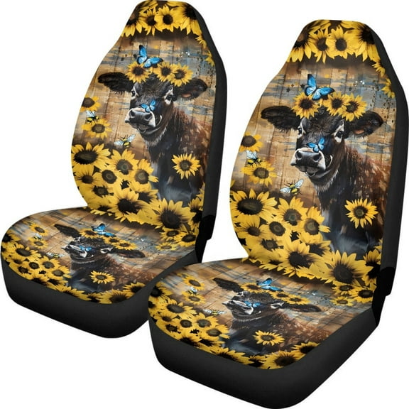 ZIATUBLE Sunflower Cow Car Front Seat Covers Butterfly Wooden Auto Seats Protectors 2 Pcs Universal Fit for SUV Sedan Van Stretchy Vehicle Bucket Seat Covers Car Accessories for Interior Decor