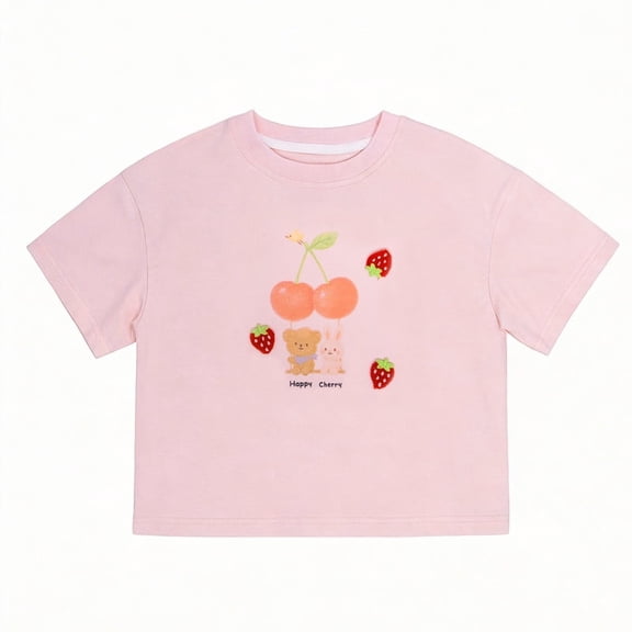 NIPAXO Girls Graphic T-Shirt Cute Cherry Bear Short Sleeve Crewneck Cotton Tee, Casual Summer Top for Girls 7-8Y (Pink)