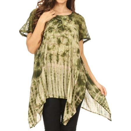 - Sakkas Elba Womens Short Sleeves Handkerchief Hem Blouse Top Tie-dye with Sequin - Green - One Size Regular
