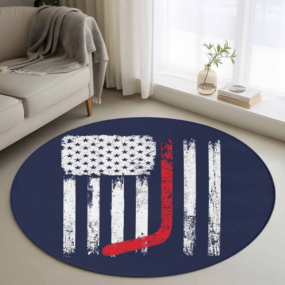 Small Round Rug 3Ft Washable Non-Slip, Navy Blue Hockey American Flag Circle Area Rugs for Living Room Bedroom, Vintage Abstract US Flag Indoor Floor Mats Carpet Runner for Home Decor