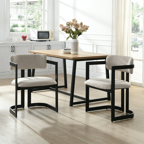 MAYEERTY 2-Piece Upholstered Dining Chairs, Beige Fabric Armchairs with Black Metal Frame, 265 LBS Capacity