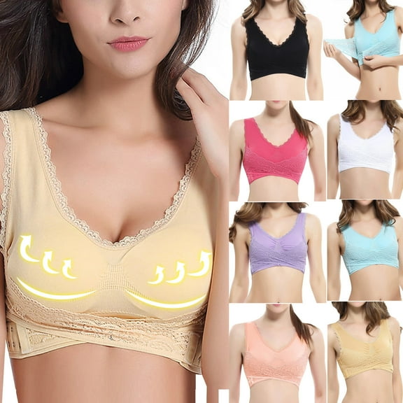 ATOYSOY Plus Size Everyday Bra Wirefree Breathable Push Up Underwear Floral Lace Smoothing Comfort Bra Front Closure Cross Workout Support Full Coverage Bra Beige