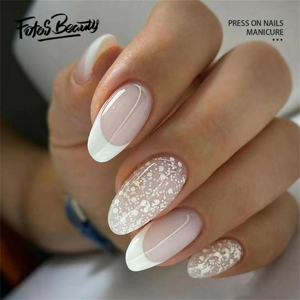Fofosbeauty 24 Pcs Almond Fake Nails Tips, Medium Press On French Nails,  White Snow French - Walmart.Com