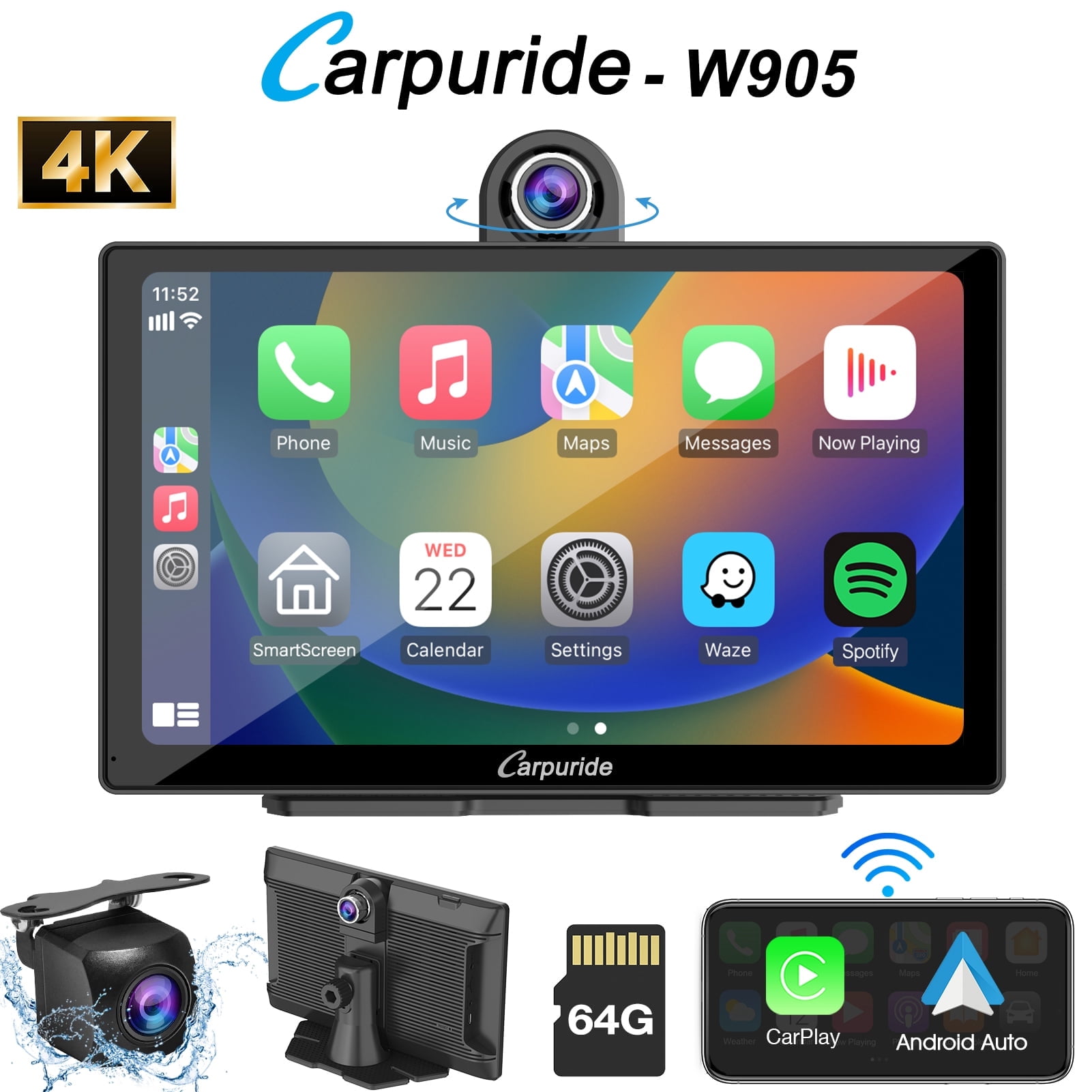 Carpuride Dash Cam Front and Rear 4K Wireless Car Camera Smart Carplay Android Auto with DVR Portable（W905）