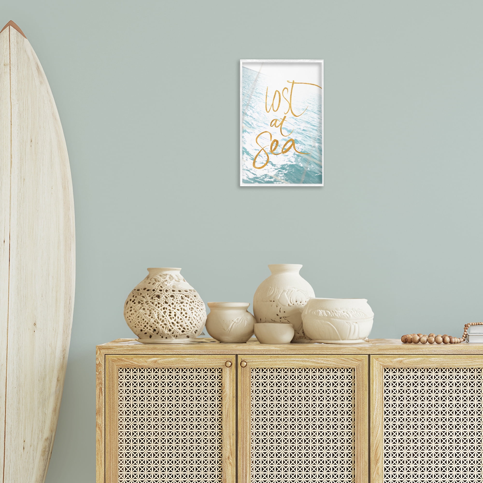 Stupell Industries Lost At Sea Phrase Coastal Painting White Framed Art Print Wall Art, 12 x 18