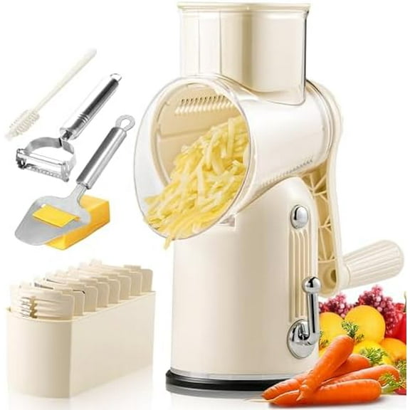 Rotary Cheese Grater Hand Crank,5-in1 Cheese Shredder Vegetable Chopper with Strong Suction Base, Rotary Cheese Graters for kitchen with Blade Storage Box, Included Cheese Slicer and Peeler