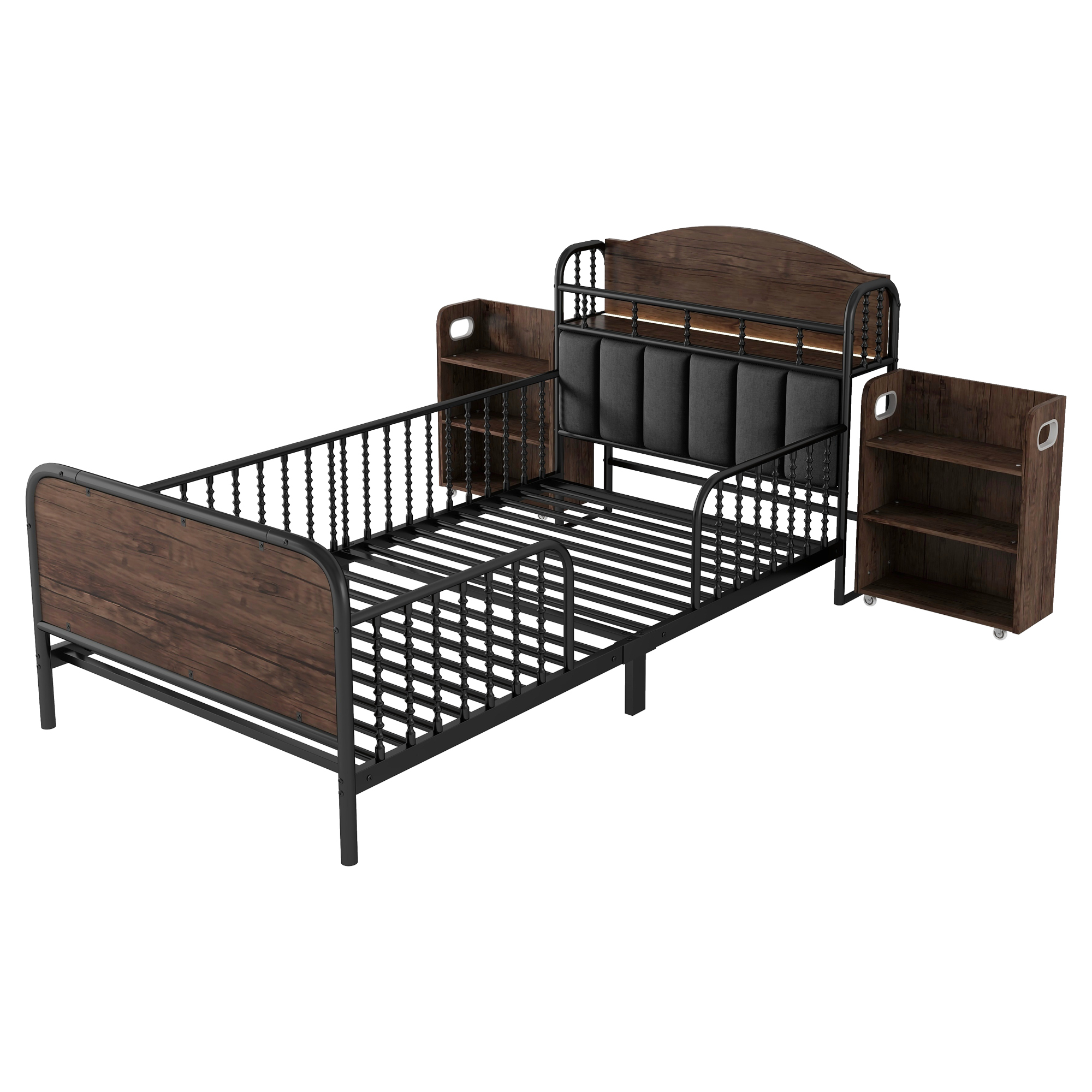 Euroco Metal Twin Size Platform Bed with Upholstered Headboard, Pull out Storage Shelves and LED Light, Black