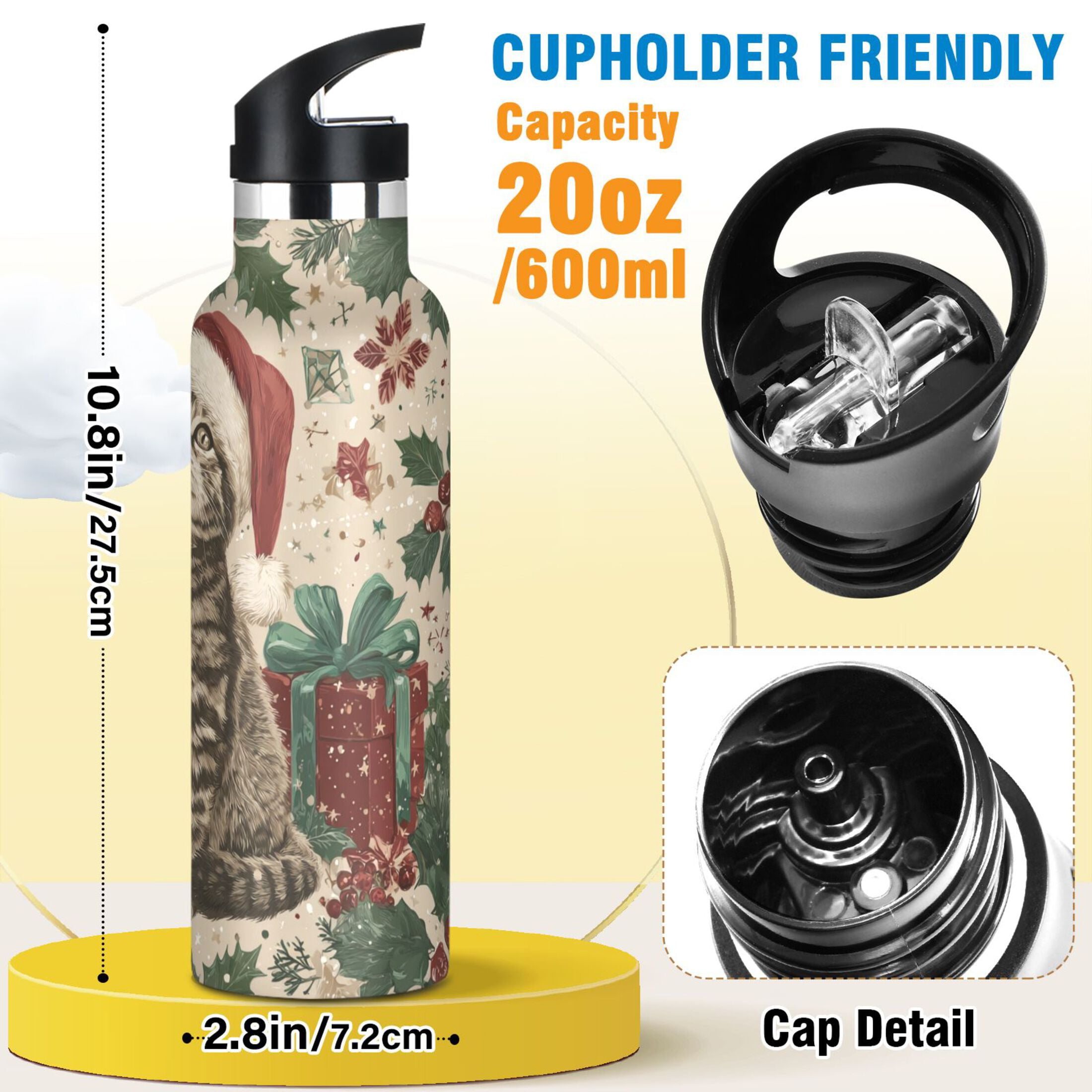 600ML Stainless Steel Insulated Cup Sports Water Bottle Portable Thermos Cup Water Glasses Insulated Tumblers Convenient and Durable Magical Christmas Black Cat