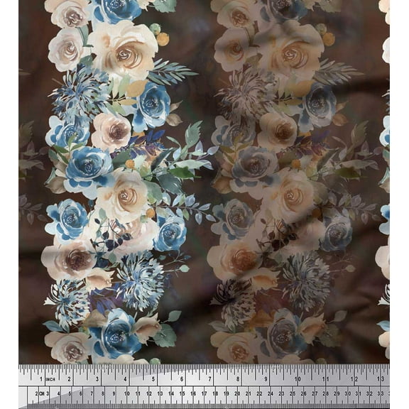 Soimoi Brown Cotton Duck Fabric Grandiflora Roses Floral Decor Fabric Printed Yard 44 Inch Wide