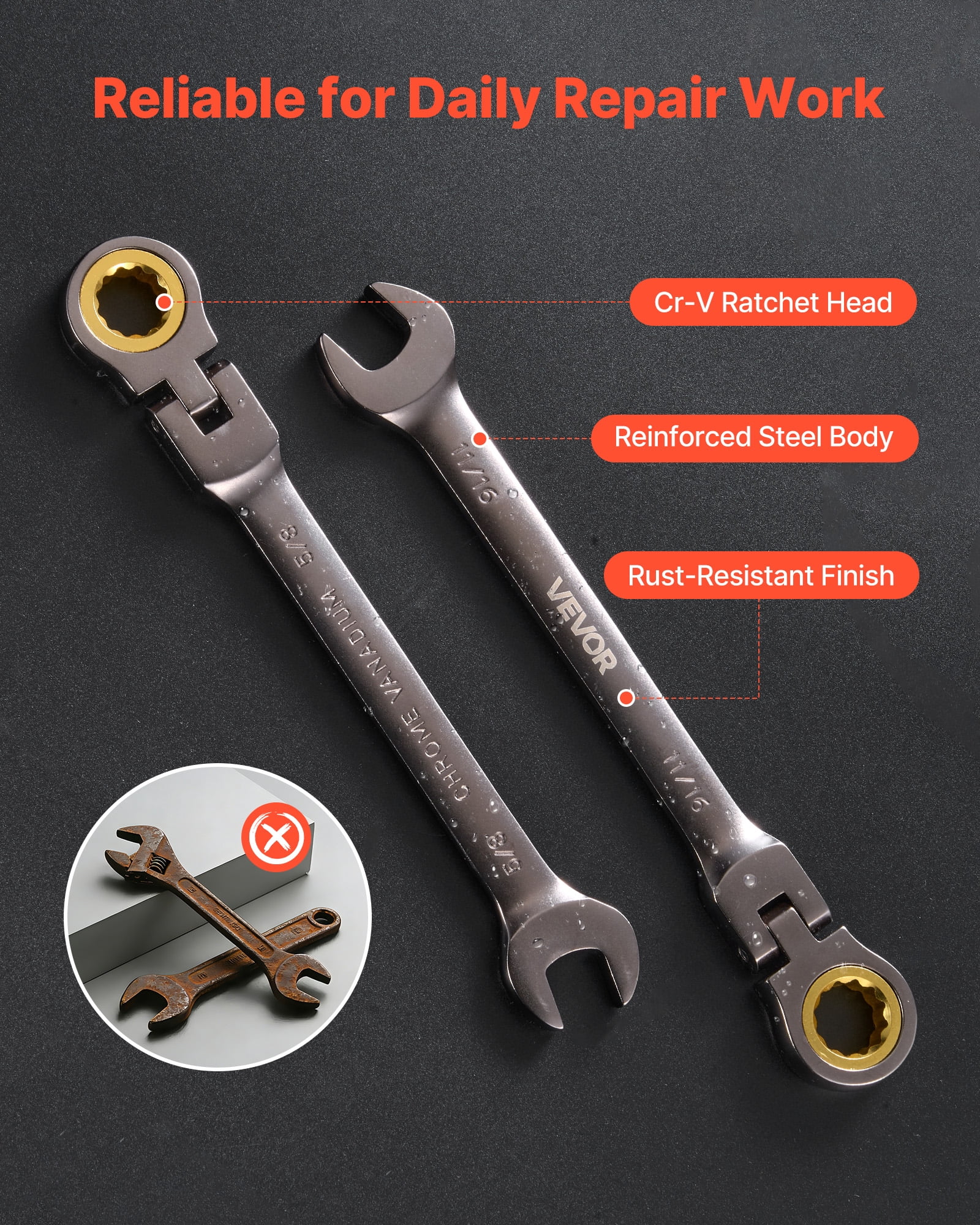 VEVOR Flex-Head Ratcheting Wrench Set, 12-Piece SAE Sizes, 72 Teeth, Cr-V Steel Ratchet Flexible Combination Wrench Set with Roll Up Pouch, for General Household and Automotive Repairs, Gray Nickel