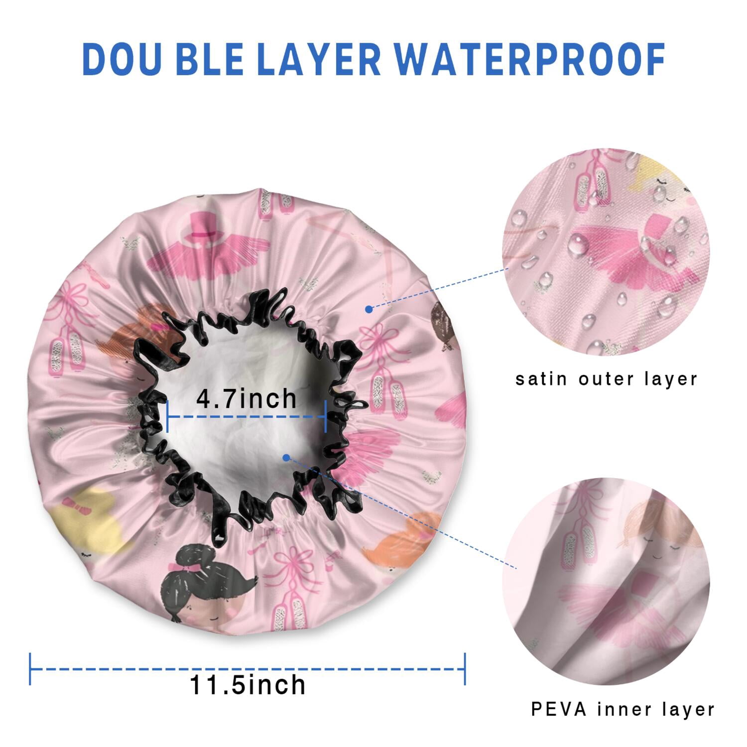 Shower Caps,Ballet Princess Pattern Waterproof Shower Cap for Women 4 Pieces,Double Reusable Hair Cover for Shower PEVA Elastic Stretch Hem