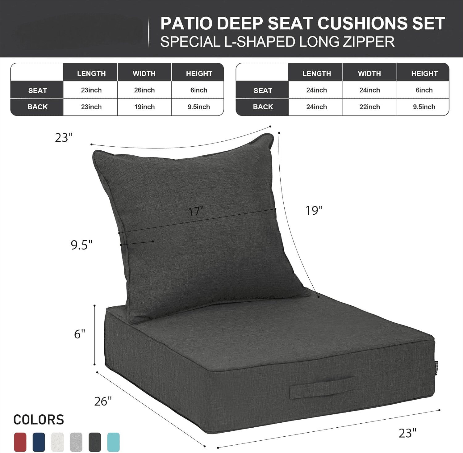 23''x 26''x 6'' 1PCS Outdoor Olefin Water-Resistant Deep Seat Cushion Set,  Weather and Fade Resistant Patio Furniture Seat Cushion, Thickened Sofa Chair Pad with Straps for Lawn, Garden