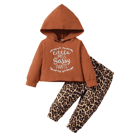 

Kucnuzki 18 Months Baby Girl Fall-Winter Outfits Pants Sets 24 Months Long Sleeve Letter Prints Cozy Hooded Sweatshirt Tops Elastic Leopards Prints Pants 2PCS Set Khaki