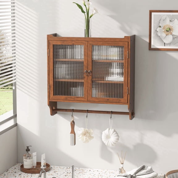 Pusnapku 23" Bathroom Wall Storage Cabient, 3-Tier Modern Medicine Cabinet with Glass Doors, Towel Bar, Wood Display Cabinet for Kitchen, Living Room