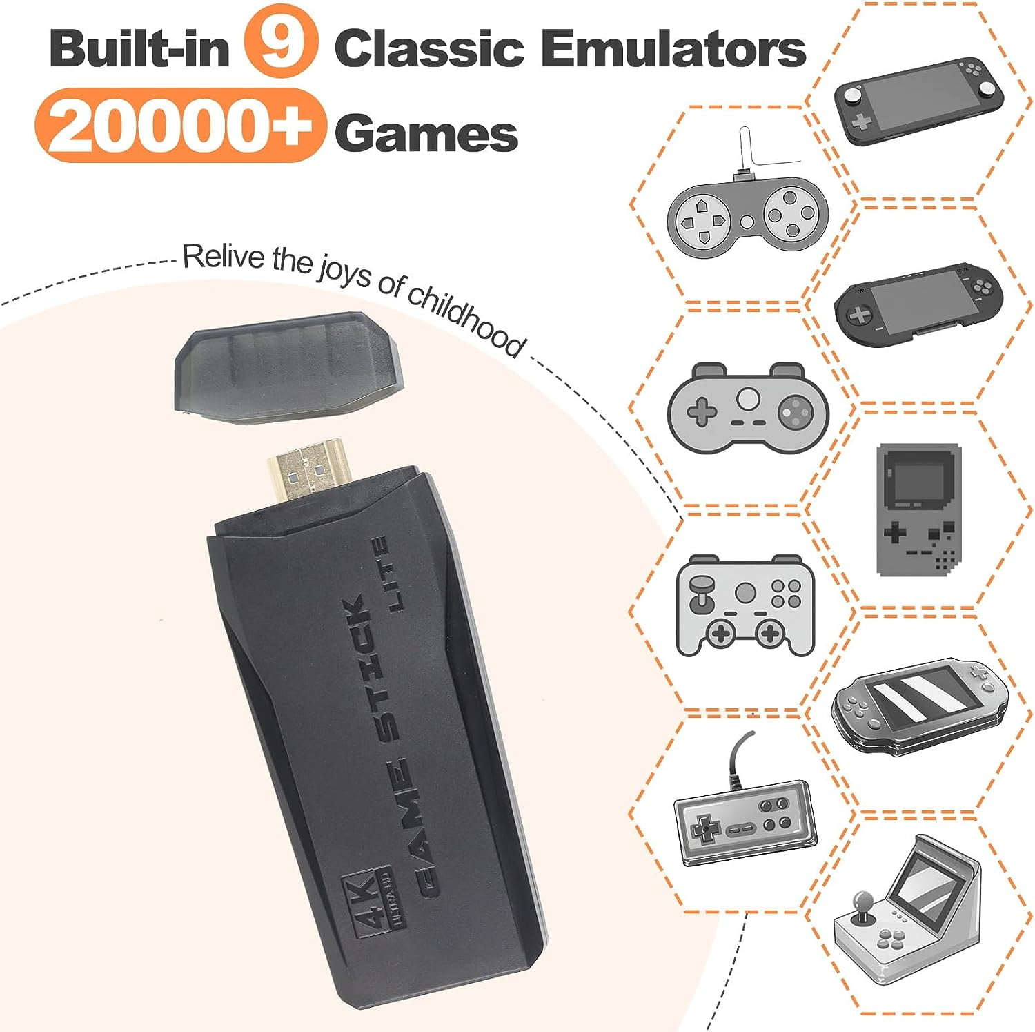 Retro Game Stick - Revisit Classic Games with Built-in 9 Emulators, 20,000+  Games, 4K HDMI Output, and 2.4GHz Wireless Controller for TV Plug and Play  (64 G) 