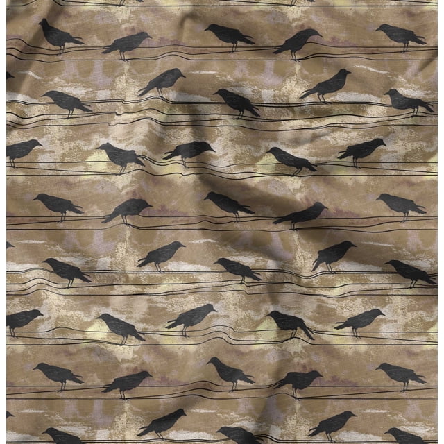 Soimoi Brown Poly Georgette Fabric Crow Bird Decor Fabric Printed BTY 42 Inch Wide