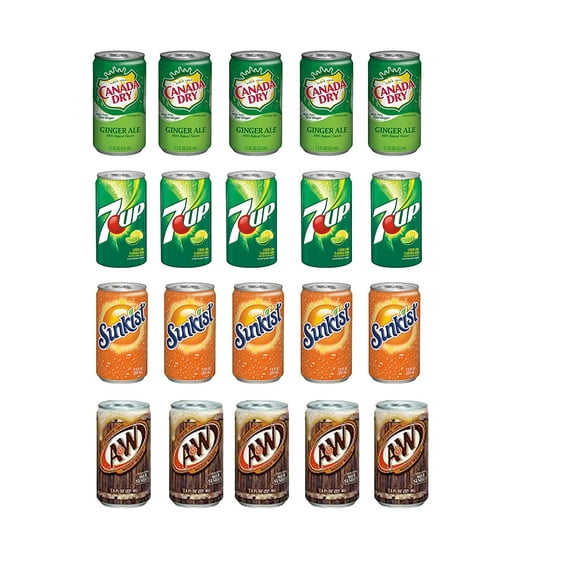 VARIETY 7.5 OZ , PACK OF 20 , CD GINGER ALE ,7UP , Sunkist Orange, A&W Root Beer