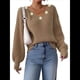 thumbnail image 1 of Suéter Holgado de Otoño con Cuello en V y Mangas Largas Tipo Farol para Mujer, Bordado de Flores. Camello XL, 1 of 9