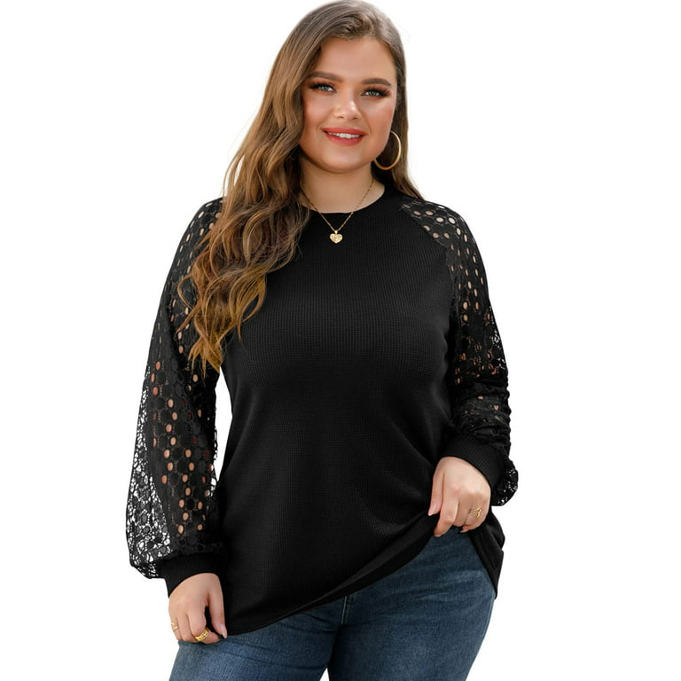 JWD Plus Size Tops For Women Lace Sleeve Blouse Waffle Knit Long Sleeve  Shirts Black-1X