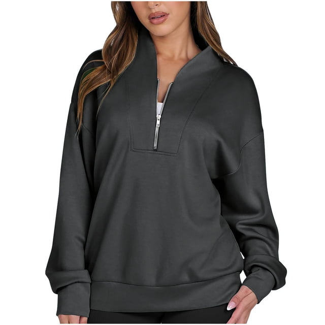 Jsaierl Sweatshirts for Women Zip up Long Sleeve Pullovers Solid Color Casual Tops Fall Trendy Oversized Sweatshirt