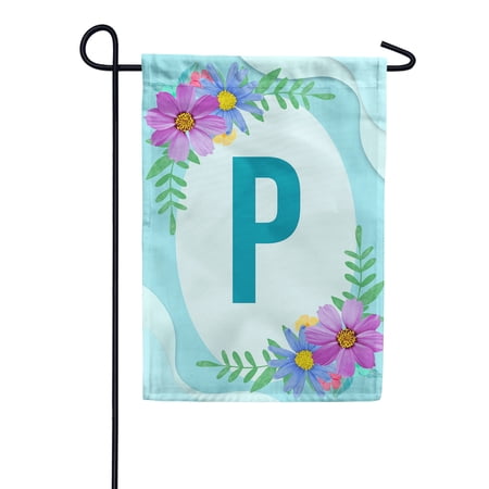 America Forever Spring Monogram Garden Flag Letter P 12.5 x 18 inches P Double Sided Vertical Outdoor, Yard, Lawn, Pink and Blue Flowers, Cosmos, Leaves, Summer Flower Garden Flag