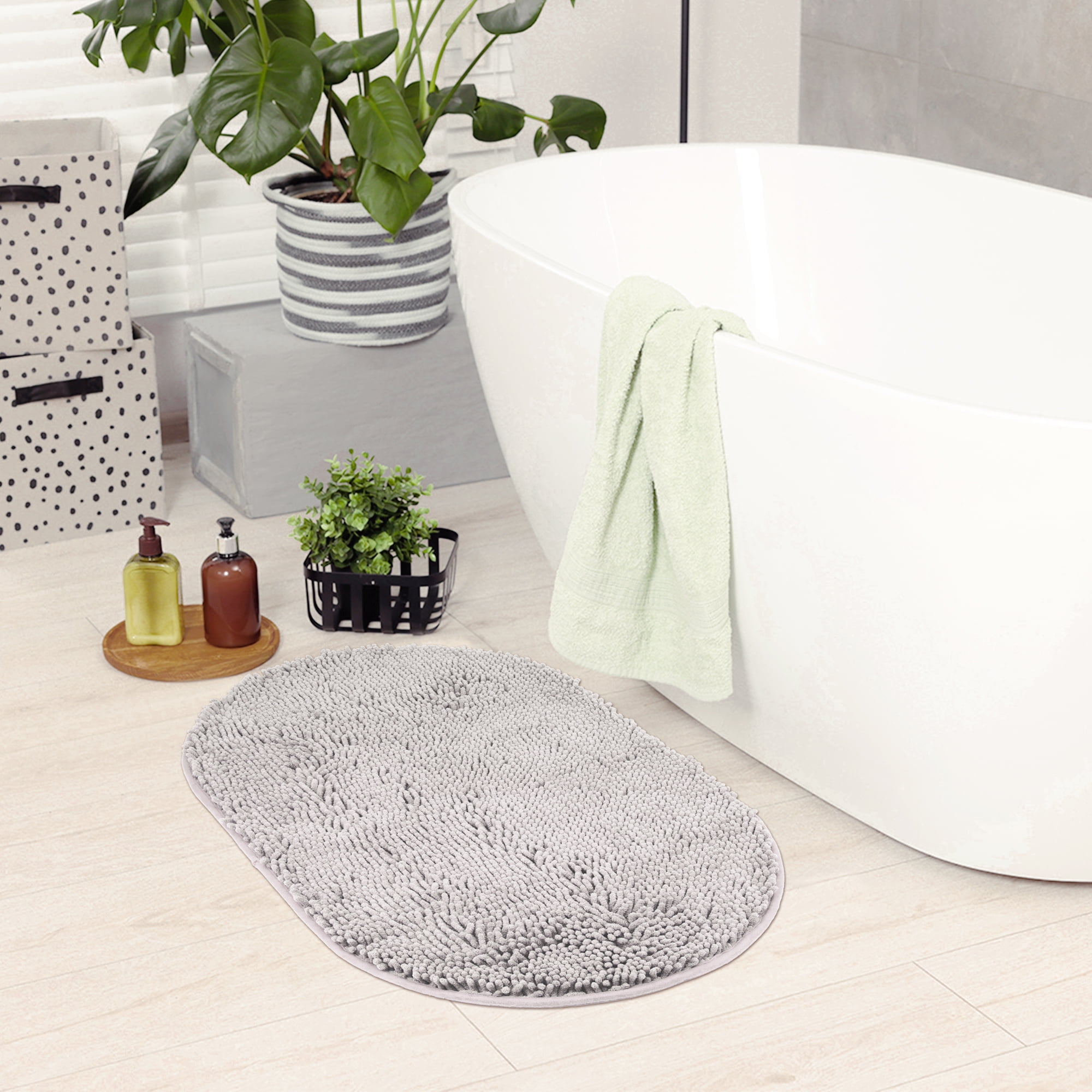 Unique Bargains 2 Pcs Oval Plush Mat Non Slip Washable Rug Light Grey 16" x 24"