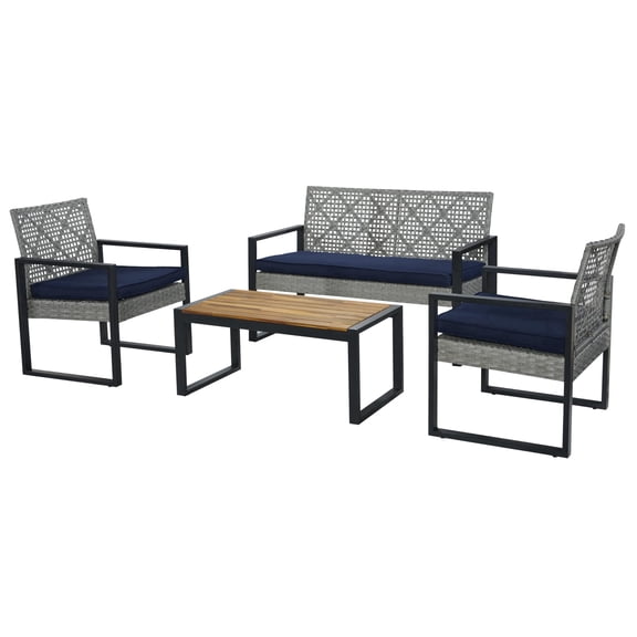 4-Piece Outdoor Wicker Patio Conversation Set with Navy Cushions and Wood Top Coffee Table, Gray