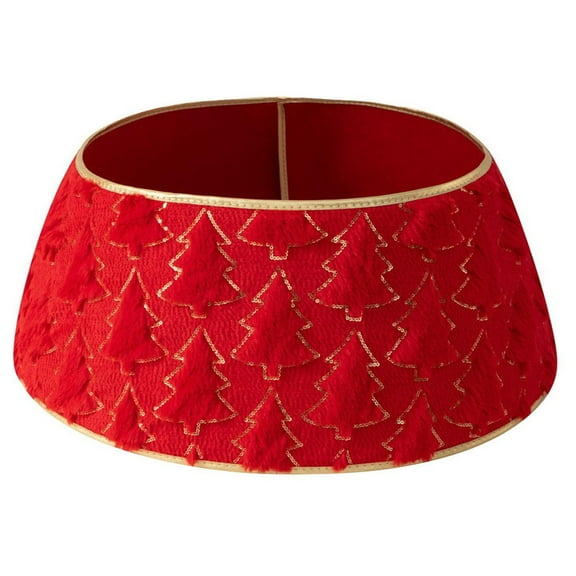 Pine Print Christmas Tree Collar - Velvet Christmas Tree Skirt, Christmas Decoration for Holiday - Red