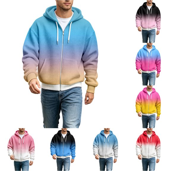 RUTAYY Men's Zip Hoodie Long Sleeve Loose Fit Waffle Fabric Gradient Design Daily Sweatshirt Sky Blue
