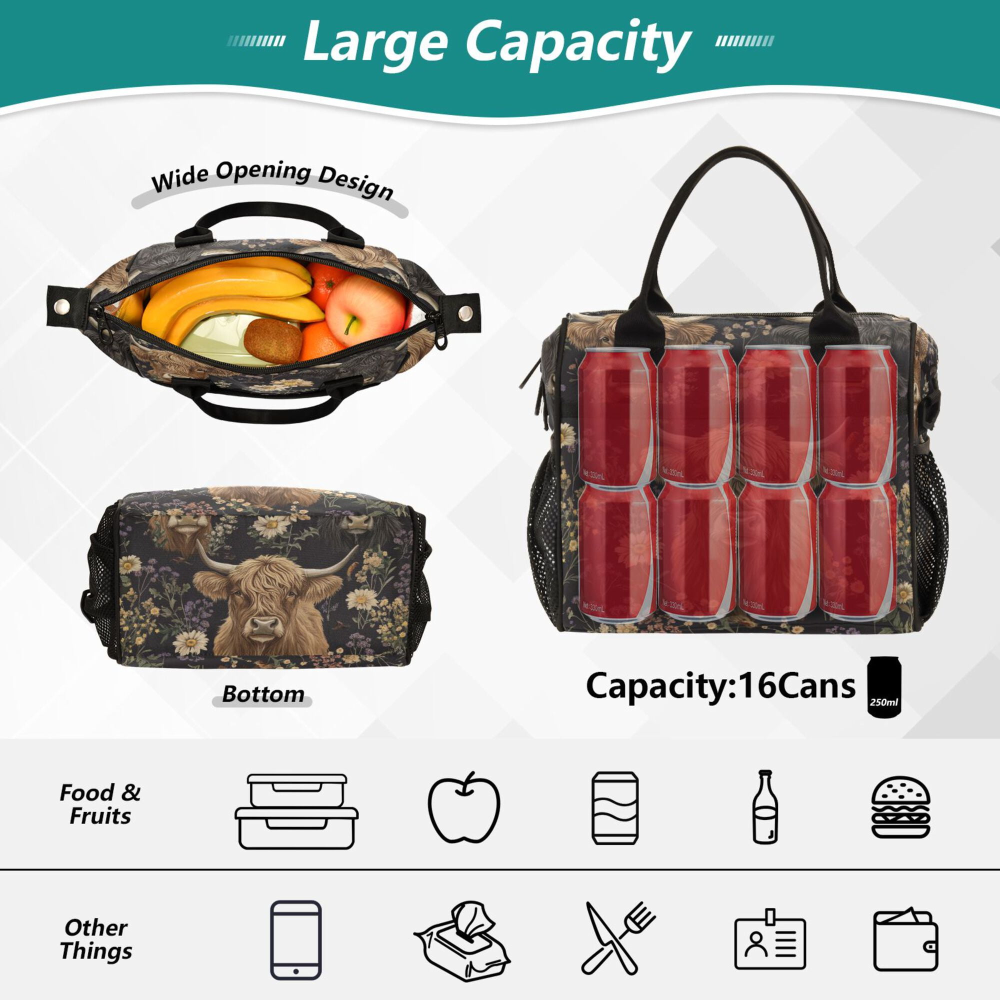 FORMRS Insulated Lunch Bag for Work School Unisex Large Capacity Cooler with Shoulder Strap, Cows and Flowers