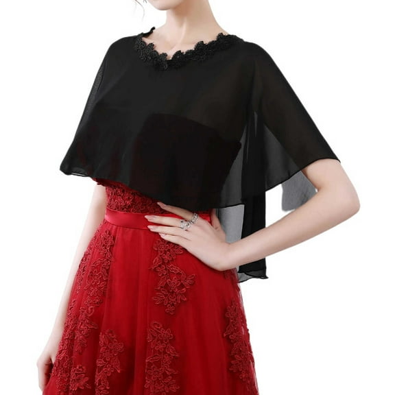 SWSMCLT Women's Sheer Shawls and Wraps Chiffon Lace Neck Pashmina Wedding Scarf Elegant Capelet Evening Wedding Dress Cover Up for Bride Tulle Bridal Cape Poncho Black One Size