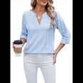 thumbnail image 2 of Blusas Casuales con Cuello en V y Ojales Bordados para Mujer, Blusas Playeras Elegantes. Azul XXL, 2 of 10