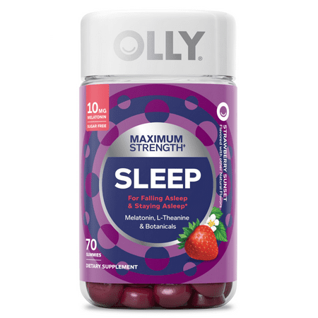 OLLY Maximum Strength Sleep Gummy, 10mg Melatonin, L-Theanine, Sugar-Free, Strawberry, 70 Ct