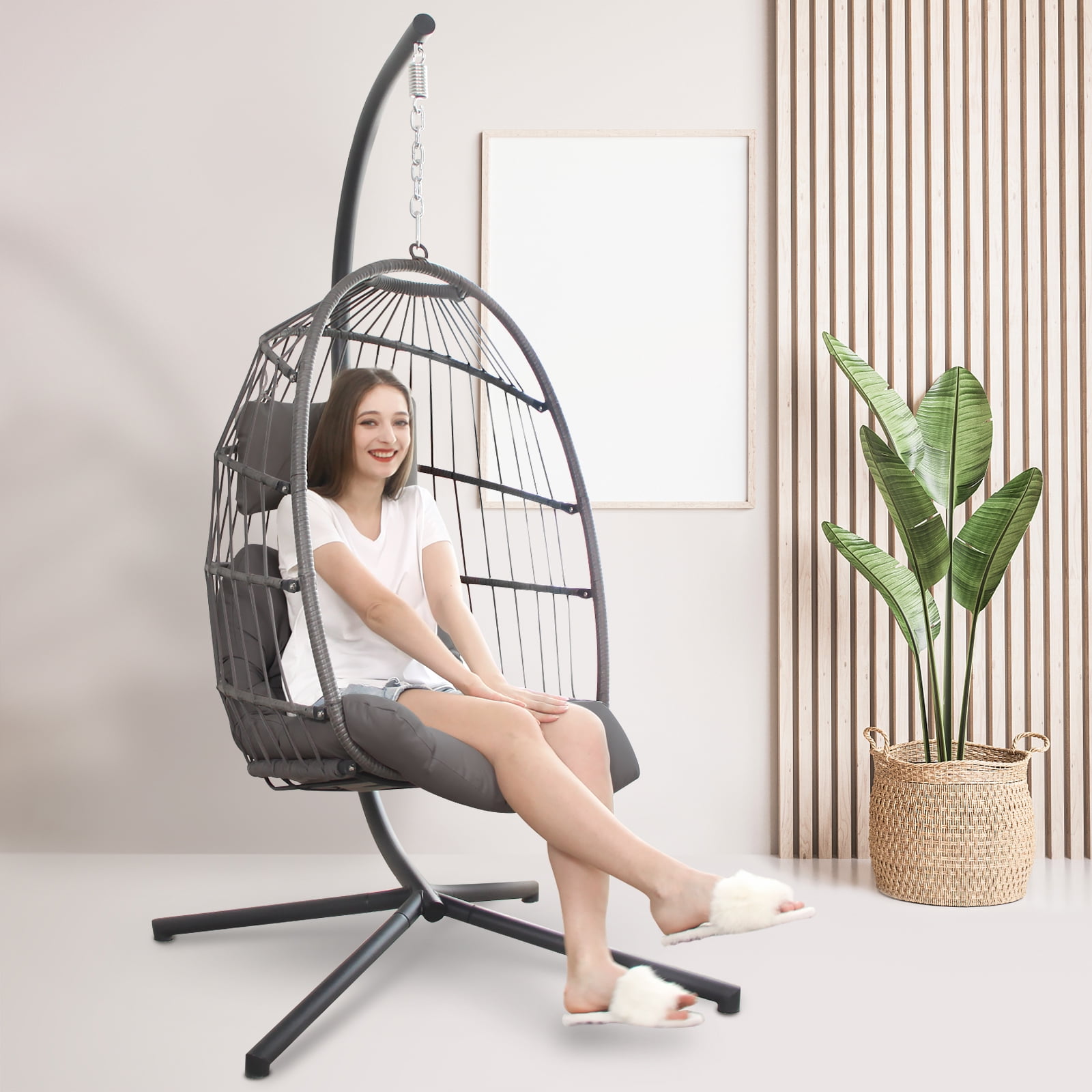 Nicesoul Swing Egg Chair Wicker Hanging Chair With Stand Color Dark Grey Maximum Weight 350lbs