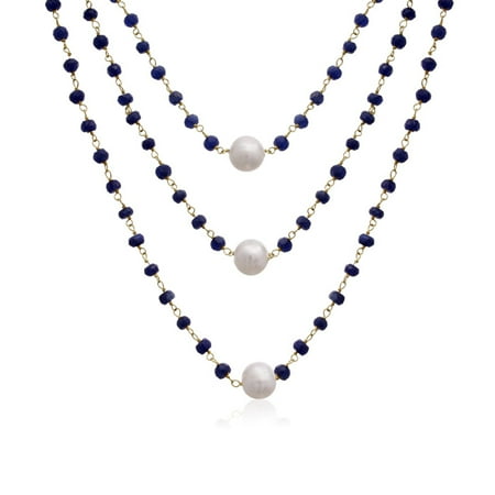 - 41 Carat Blue Sapphire and Pearl Triple Strand Necklace In 14K Yellow Gold Over Sterling Silver 20 Inches