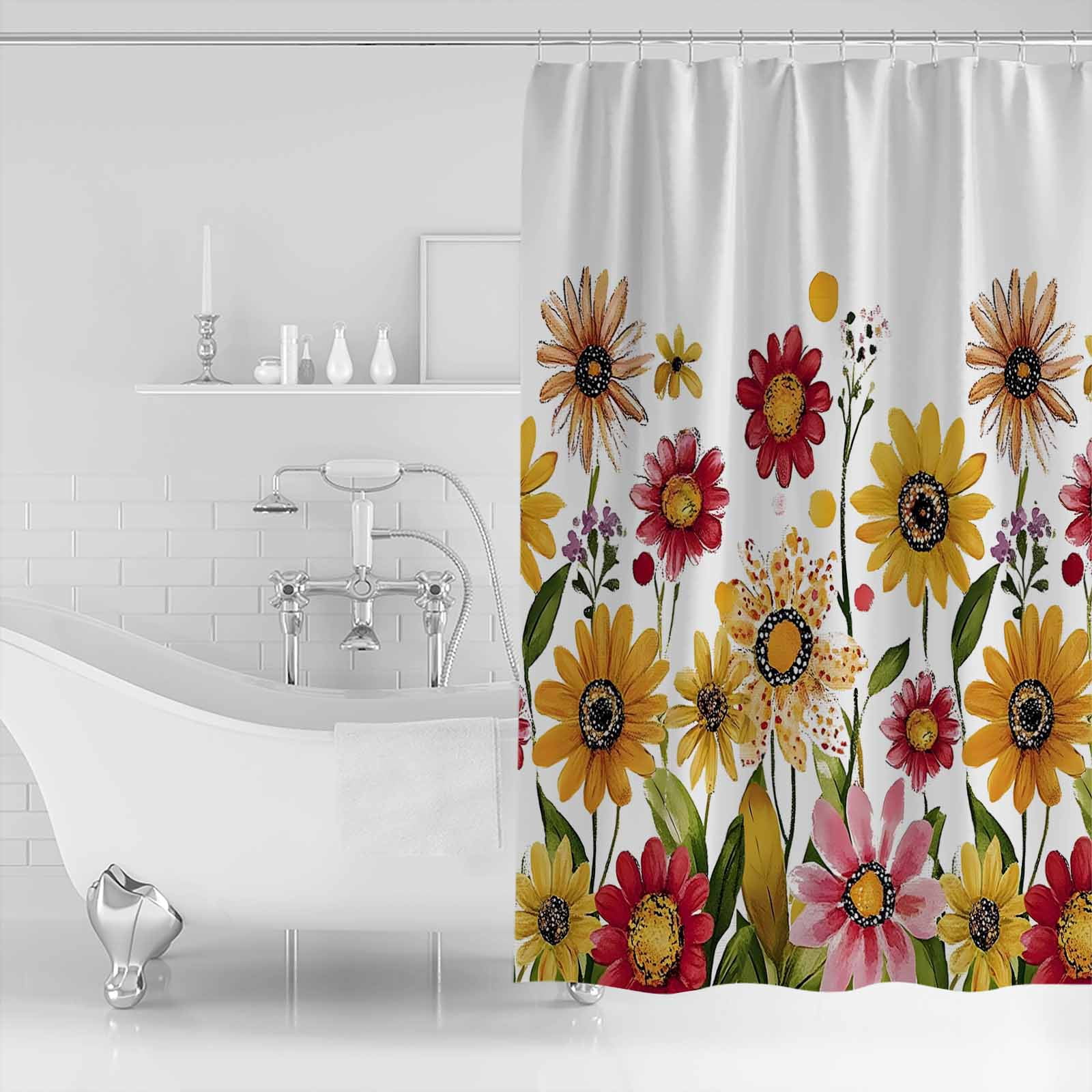 Shower Curtain Bathroom Set Watercolor Sunflower Leaves Plant Waterproof Fabric Shower Curtains with Grommets&Hooks Blossom Floral on White Privacy Bath Curtain for Bathtub 36x72in