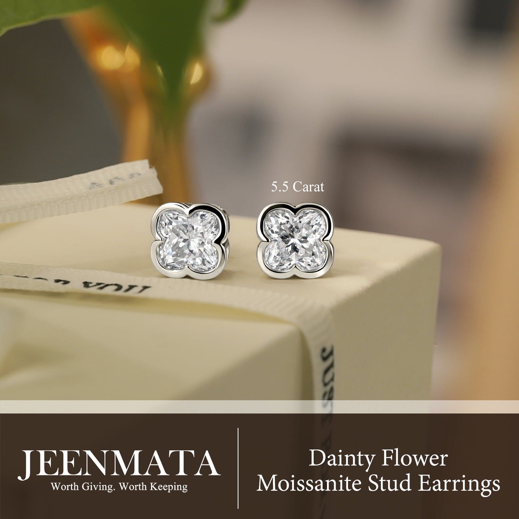 JeenMata 5.5 Carat Danity Flower Moissanite Stud - Floral Cut Earrings in 18K White Gold Plating for Women